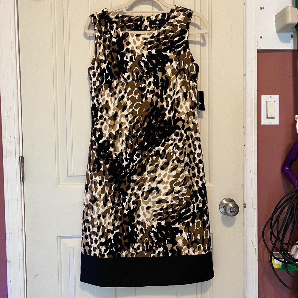 Ronni Nicole size 8 black/tan print sheath dress